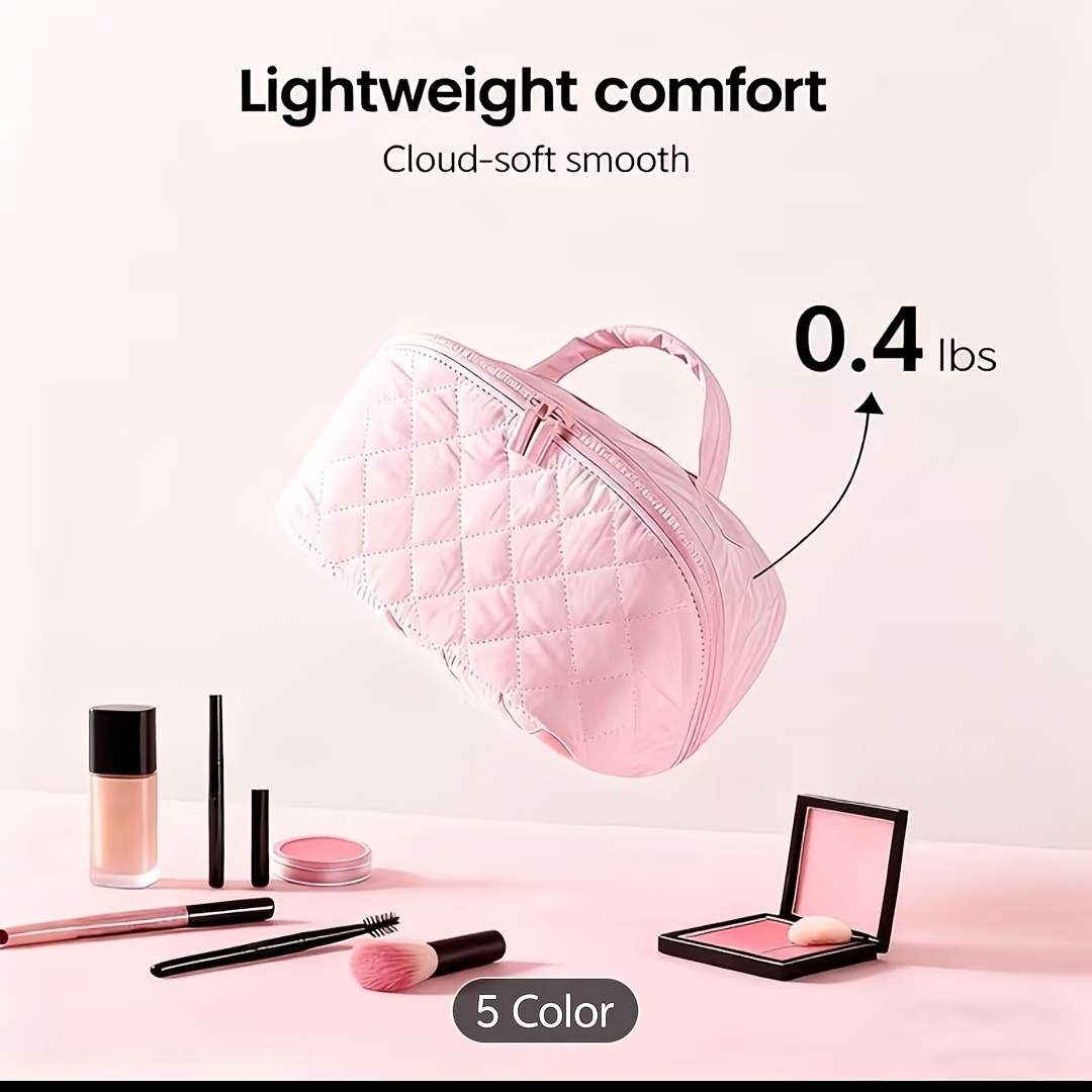 Large Capacity Quilted Makeup Bag for Women, Portable Travel Cosmetic Organizer Case, Lay-Flat Open Toiletry Pouch for Skincare Beauty Tools with Clear Pouch