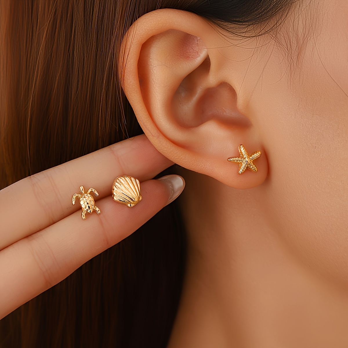 Metallic Wind Star Shell Turtle Stud Earrings Set
