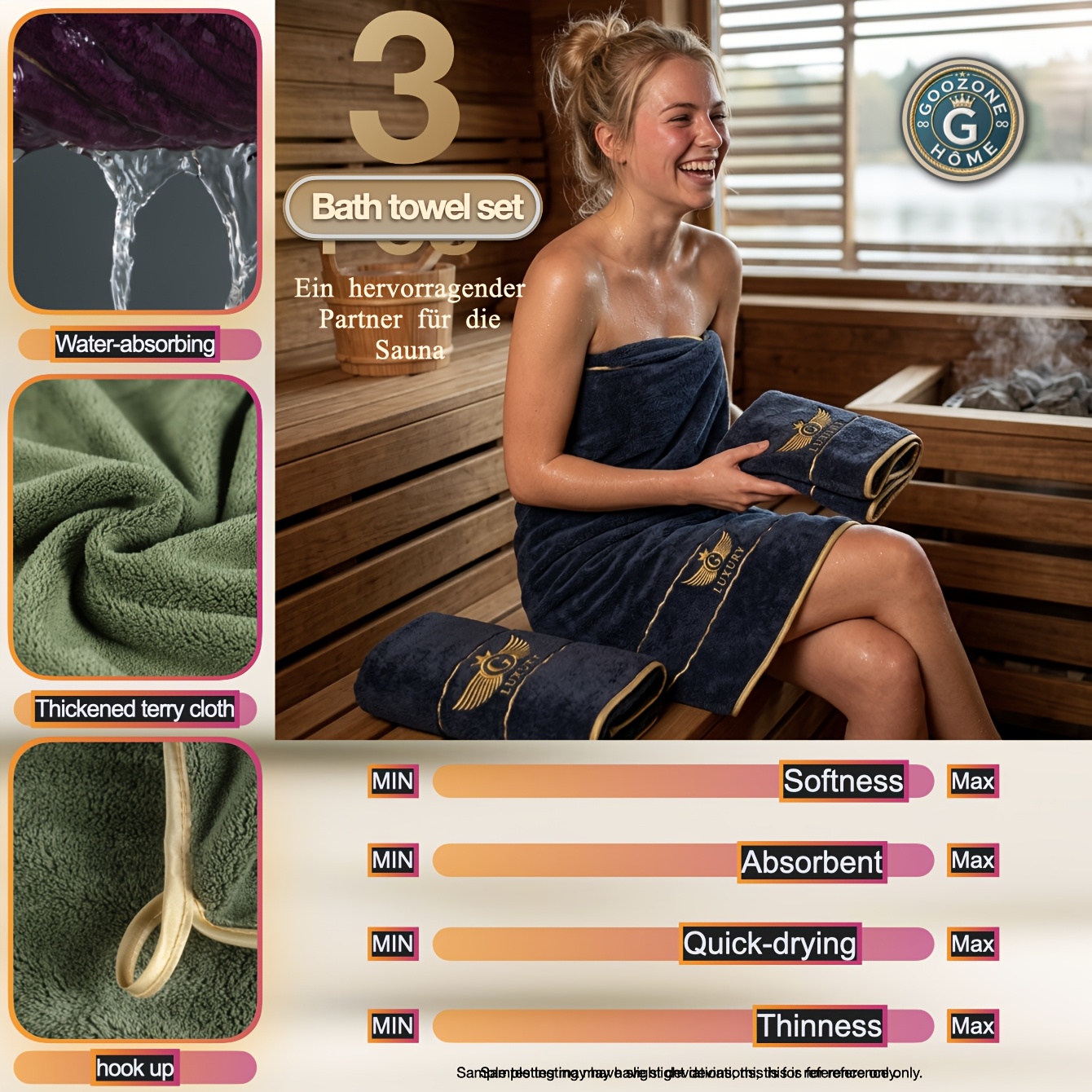 3 vnt. aukštos kokybės prabangus siuvinėtas vonios rankšluosčių rinkinys, apima 3 vnt. 69,85x139,95 cm vonios rankšluosčius, storintas mikropluoštas, greitai džiūstantis, labai sugeriantis, be pūkelių, minkštas ir odai draugiškas, banguotas auksinis siūlų siuvinys, LOGO siuvinys, auksinė apdaila