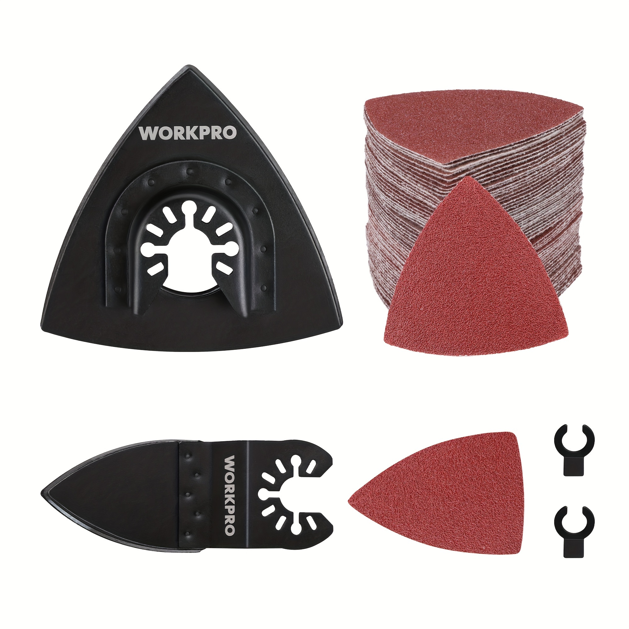 

Workpro 124 Pcs Sanding 3-1/8 Inch Triangular & Finger Oscillating Multi Tool Sand Pads Kits With 2 Adapters - 60, 80, 120, 240 Grits Sandpaper, Triangle Hook And Loop Sanding Sheets