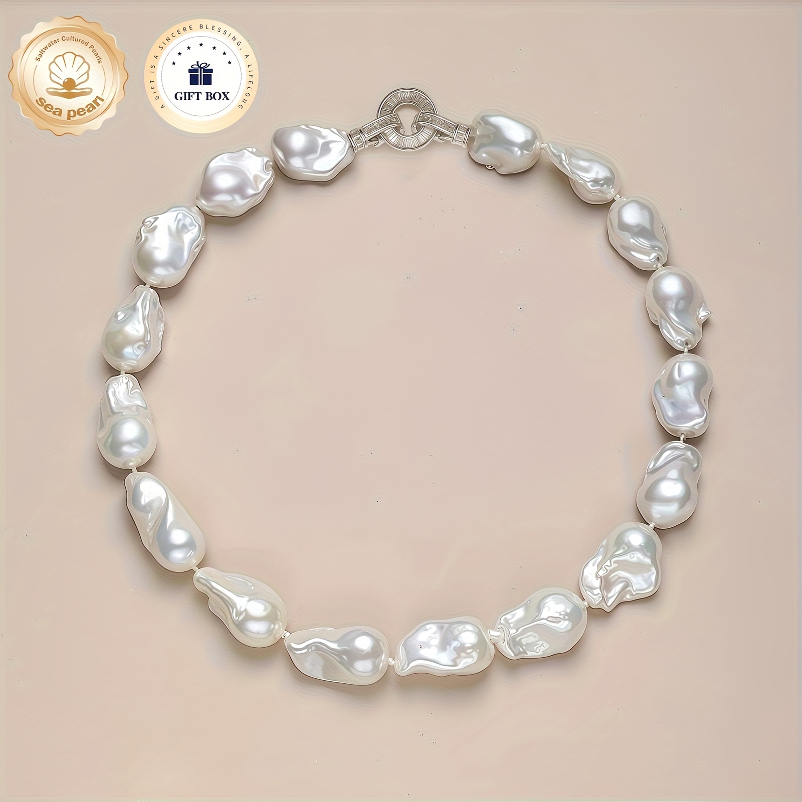 Image of White Baroque Necklace, Thick And For Women, Large Beaded Necklace, Retro Charm Necklace, Round For Safety And , Chain Length 45cm, Size: 13-16mm, Daily Wear, Birthday Gift, Festival Gift.