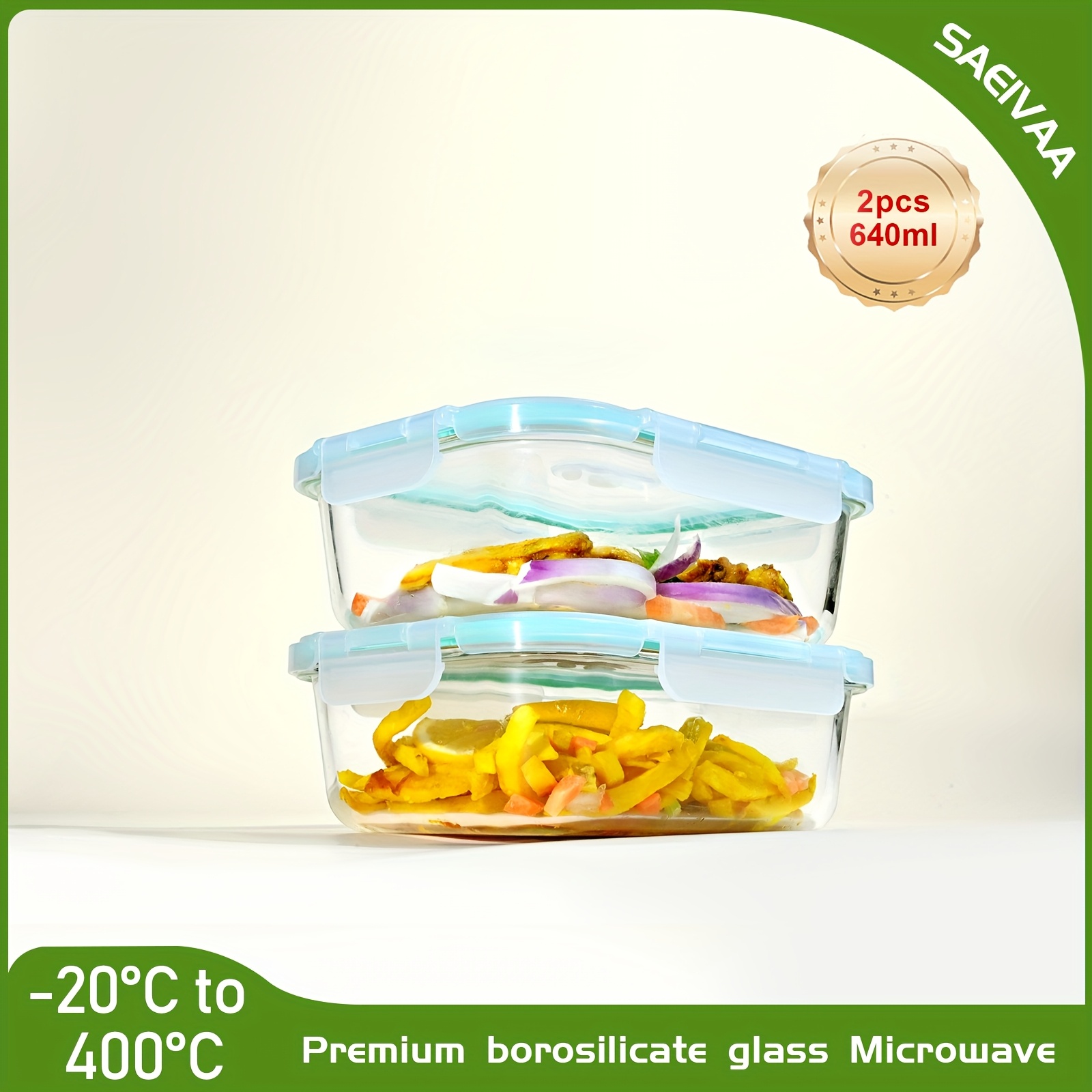 Saeiv 2pcs Glass Food Storage Containers Set, Meal Prep Containers, Glass Storage Containers With Airtight Lids, Portable Glass Containers, Microwave Safe, Kitchen Food Storage Boxes.