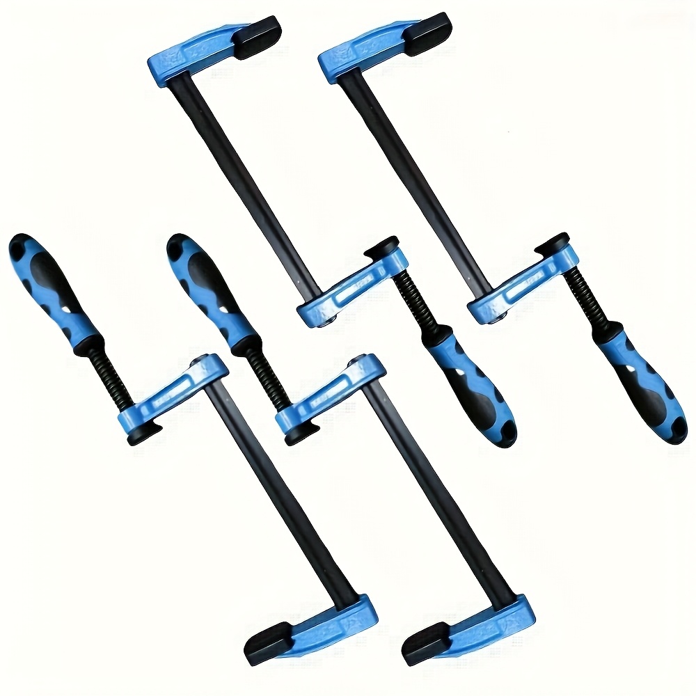 Set Of 4 F-clamps, Featuring Metal Bars And Blue Non-slip Handles, Suitable For Quick Sliding Adjustments From 6 To 12 Inches, Operated Manually Without Electricity