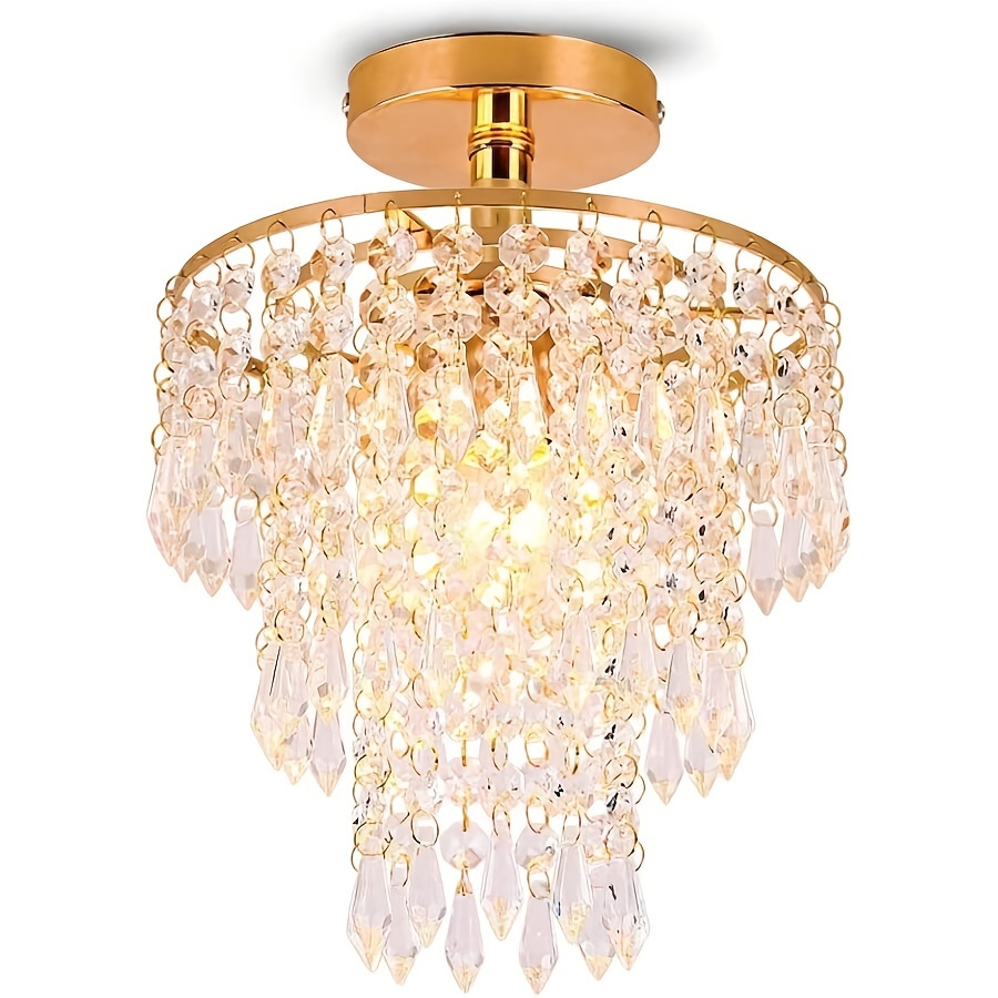 Elegant 1pc Modern Mini Crystal Chandelier - 3-Tier Raindrop Design, Adjustable Metal Ceiling Light for Bedroom, Living Room, Hallway - Semi-Flush Mount, for Switch Control, Crystal Embellished (Light Source Not Included), Ceiling Light for Living Room