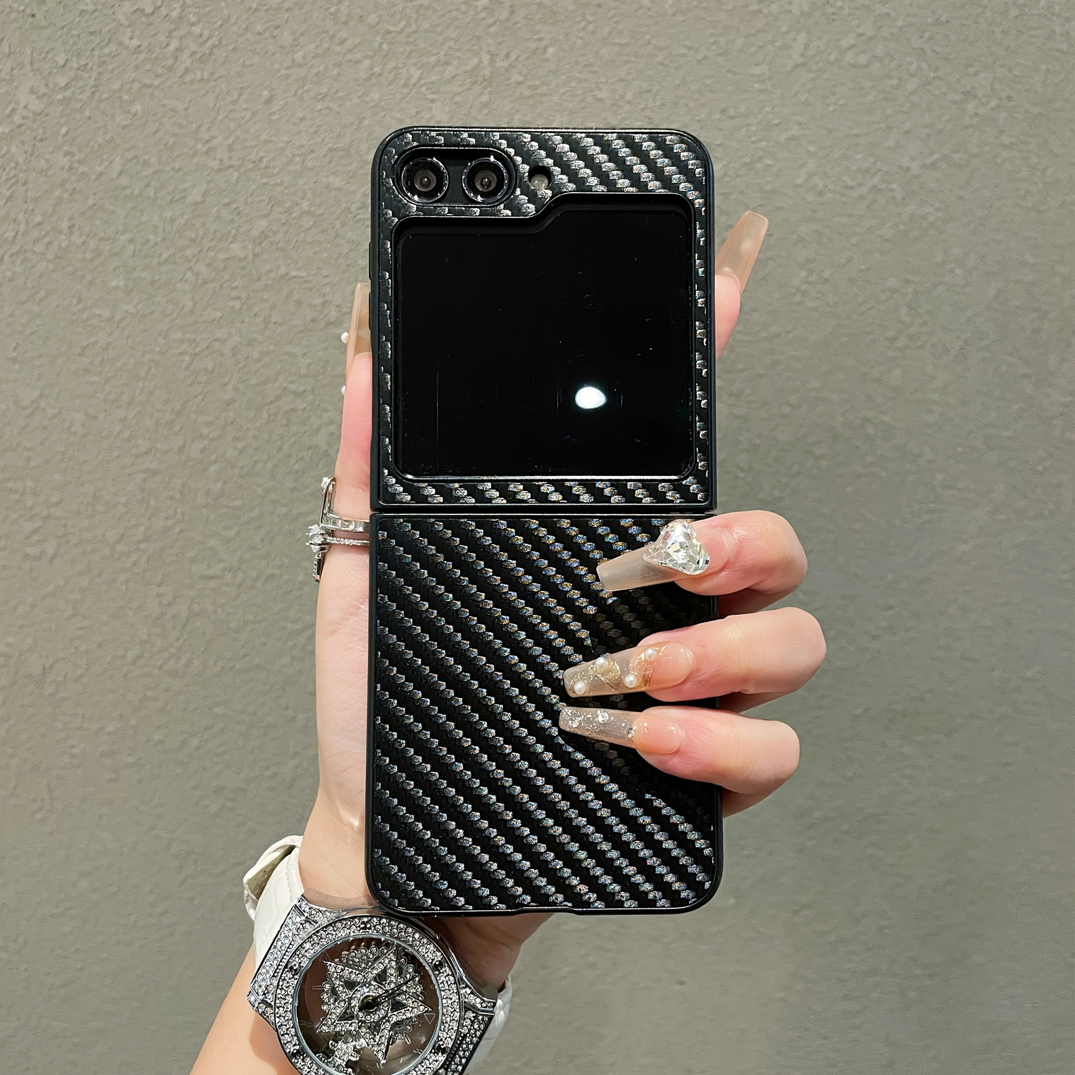 TEMU Phone Case - Carbon Fiber Stripe Sleeve Artificial Leather Phone Case For Galaxy Z Flip 7 6 5 4 3 5g Flip 7 Fe Hard