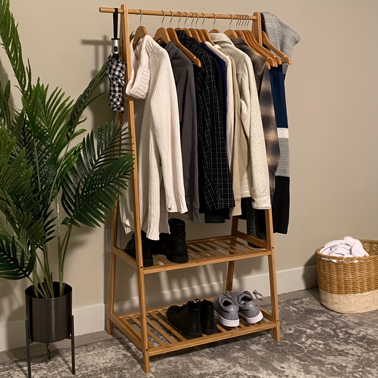 Bamboo Clothes Rack Garment Closet Storage Organizer Hanging Rail Shelf  Dress room