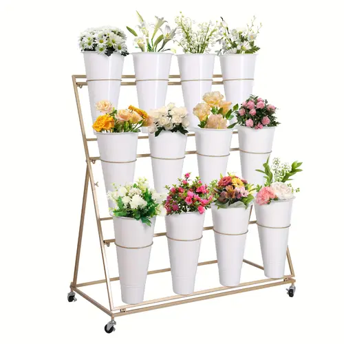 flower display stand with 12 buckets 3 layers metal plant stand moving florist bouquet shelf for fresh flower shop for patio garden outdoor up events