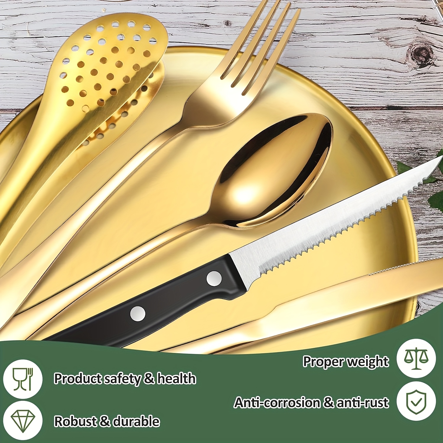 personalized customization camping silverware set including knives forks spoons plates cutlery storage bags picnic set stainless steel plate spoon clip and serrated knife bottle opener camping kitchen barbecue golden and silvery   thanksgiving Product details 5