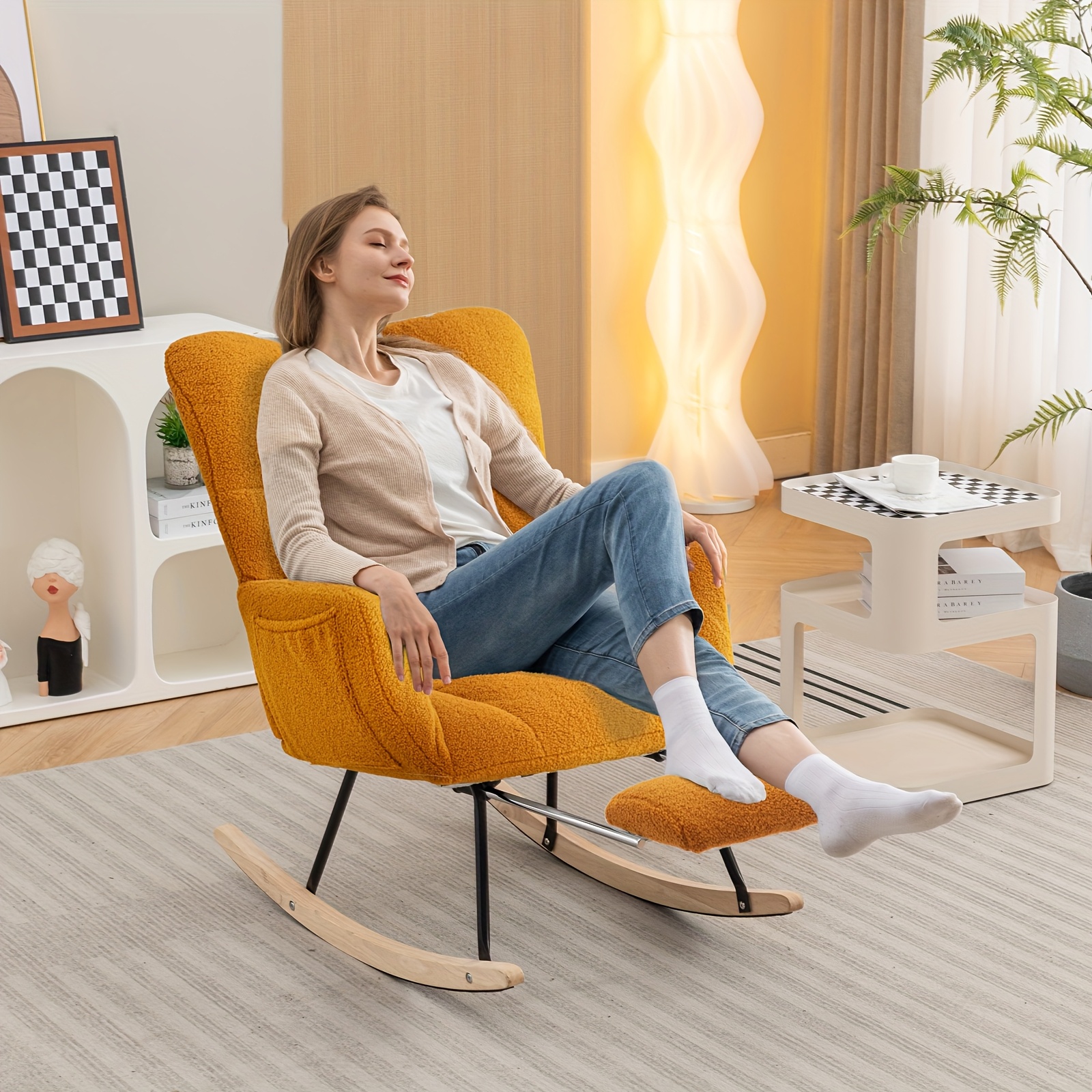 Nursery Teddy Upholstered Glider Rocker with Adjustable Footrest, High Backrest Padded Recliner Reading Chair for Bedroom
