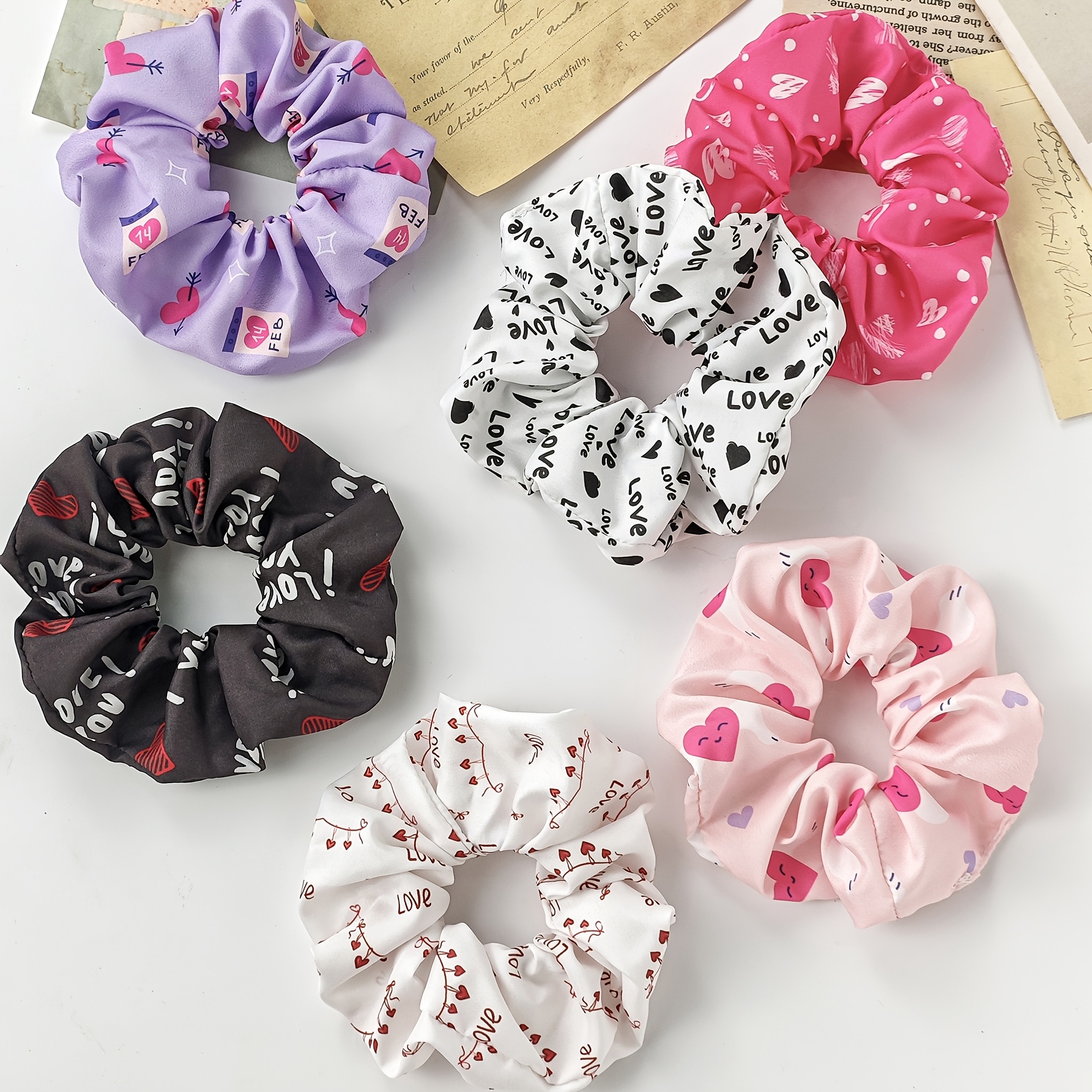 

6pcs Valentine's Scrunchie Set - Elegant & Sweet, Assorted Colors, Women's , Hair Accessories