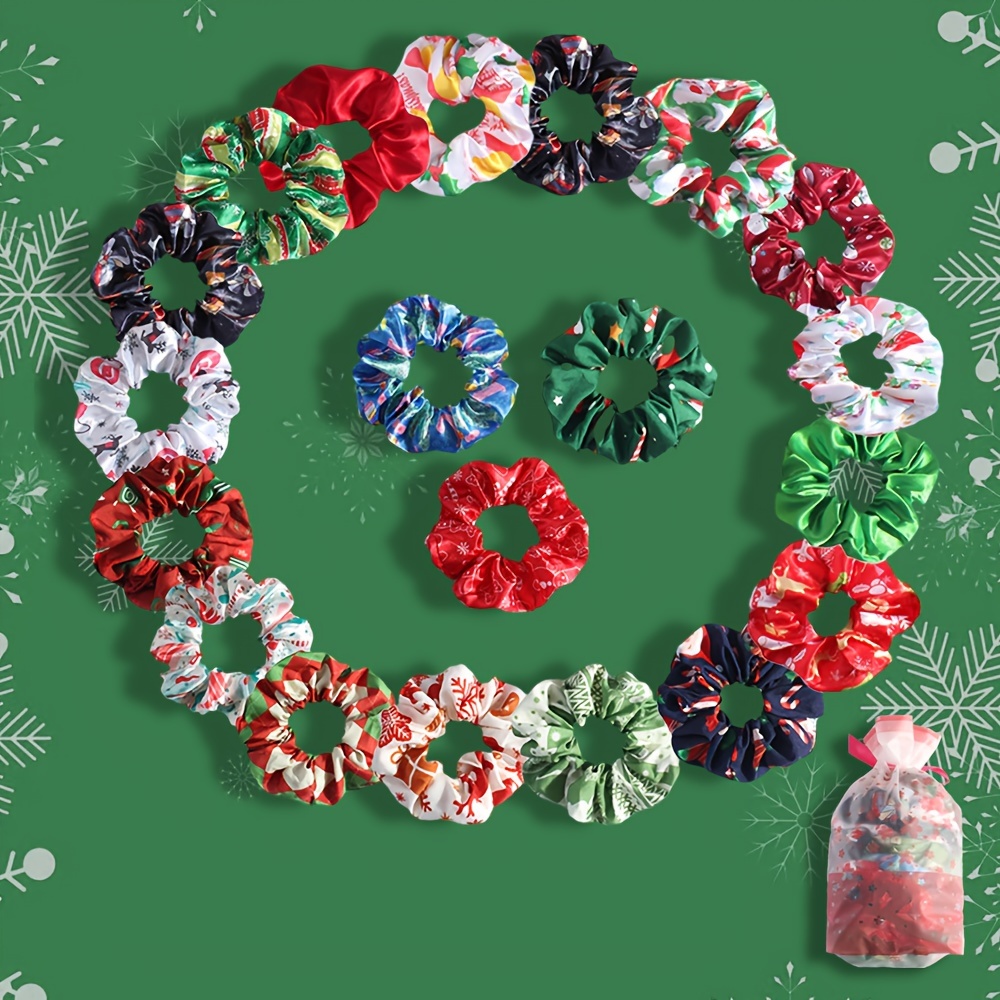 

20 Pcs Christmas Printed Scrunchies - Set Of Festive Hair Accessories For Women - Mixed Colors, Vintage Style, Silk-like Material, Christmas Parties