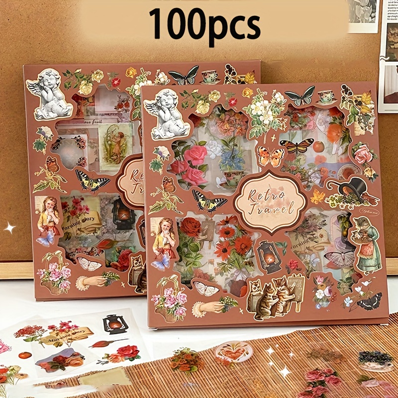 

100-piece Vintage Floral And Butterfly Stickers Set - Waterproof Pet Decorative Decals For Scrapbooking, Journals, Greeting Cards, Diy Crafts And Phone Case Embellishments