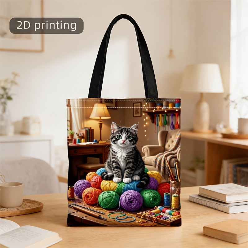 TEMU 1pc Of Crossbody And Handbag For Men And Women, 2d Printed Cute Cat & Colorful Yarns Warm Scene Unisex Tote Crossbody Bag For Daily And Shopping
