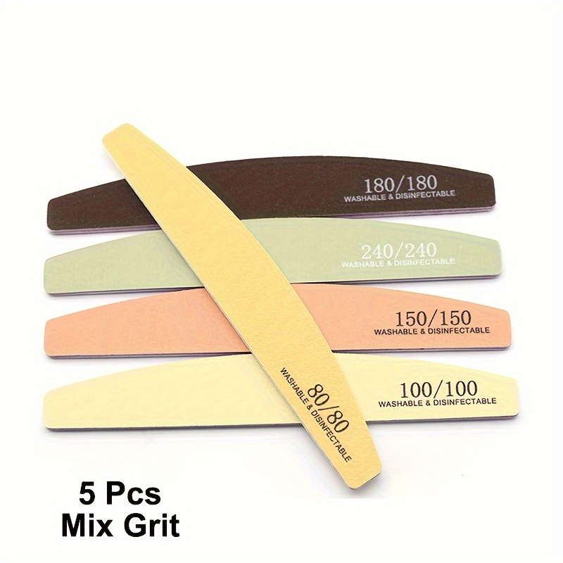 5pcs Macaron Sandpaper Nail Buffer Half Moon Shape Thickened Hardened Filing Strip Set - 80, 100, 150, 180, 240 Grit, Washable And Sterilizable Nail Buffing Tool