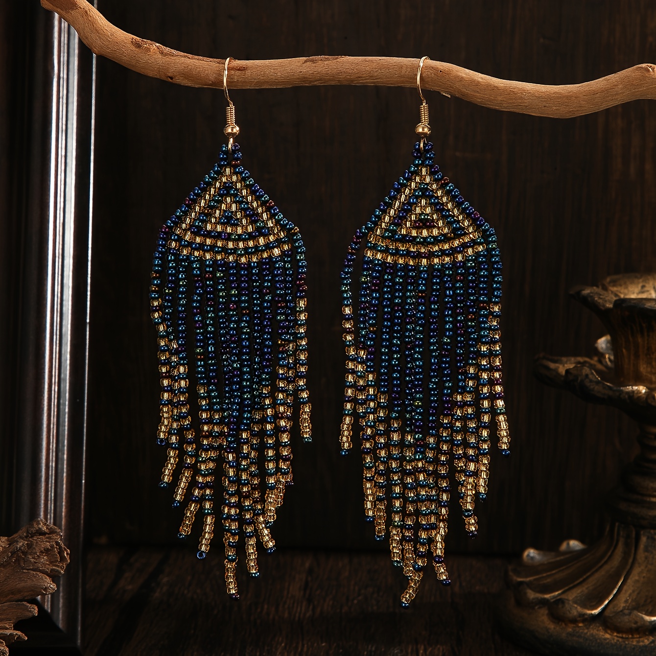 Image of Handcrafted Beaded Women's Fashion Earrings, Bohemian Style, Retro Triangular Shape, Gradient Geometric Pattern Woven Beaded, Versatile Earrings For Daily Vacations, For Holiday Friendship Gifts