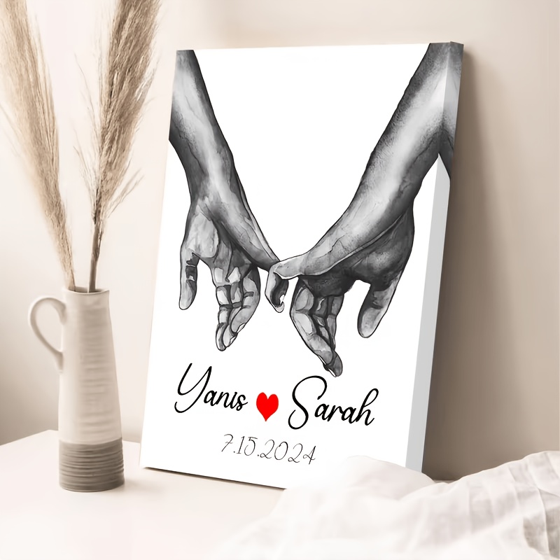 TEMU 2d Flat, 2d Flat, Unframed, Custom Couple Love Canvas Art - Personalized Name And Date, Hand-in-hand Romantic Poster, Black And White Wall Decor