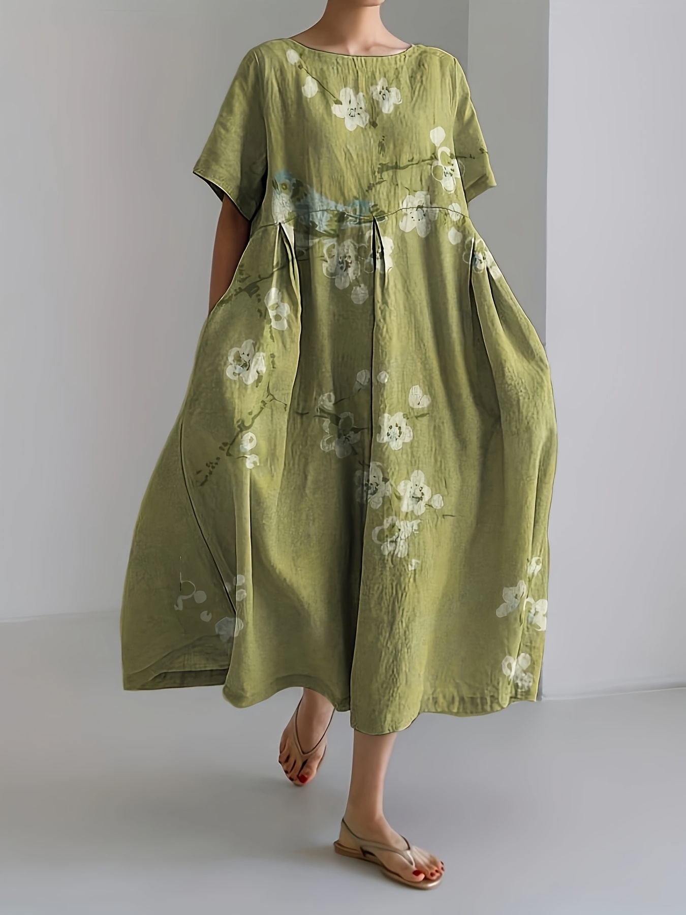 Plus Size, Women's Vintage Floral Bird Dress Olive Green Short Sleeve  Round Neck with Pockets, Fitted Top Flowy Skirt, Machine Wash
