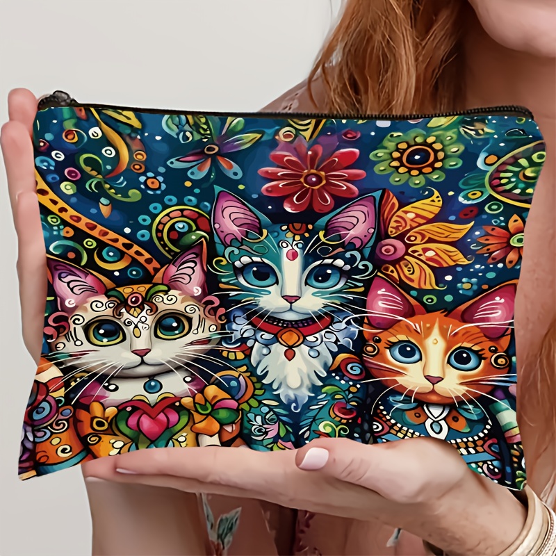 TEMU Cat Print Makeup Bag With Zipper - Lightweight And Multifunctional Travel Cosmetic Pouch For Women, A Thoughtful Gift For Moms, Sisters,