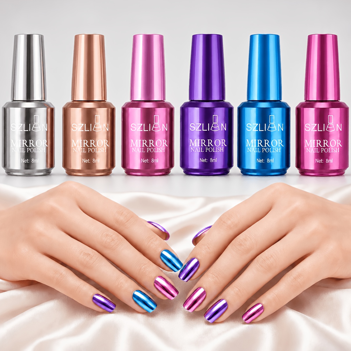 TEMU 6pcs Metallic Mirror Nail Art Set, Chrome Nail Polish 3d Metallic Polish With Built In Fine Brush Metallic Paint Drawing Off For Nail Art