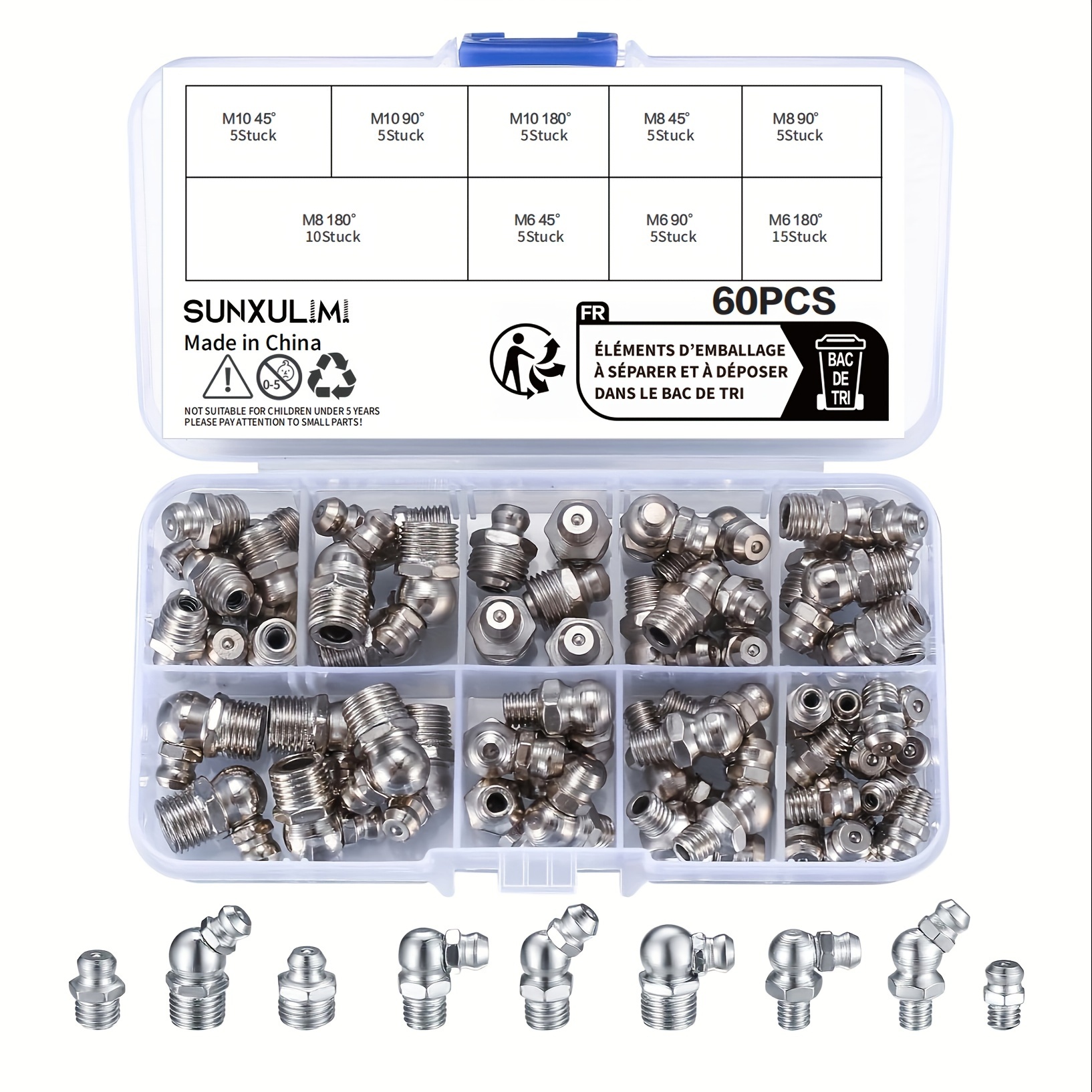 TEMU 60-piece Metric Grease Fitting Kit, M6 M8 M10, 180° 45° 90° Angles, Metal Hydraulic Lubrication Accessory Set For Grease , Polished Head In Assorted Sizes For Mechanical Parts Maintenance