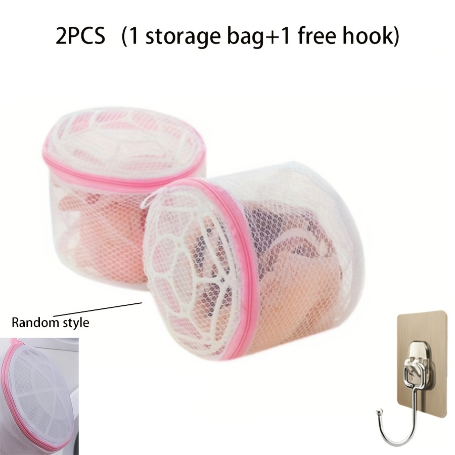 TEMU 2pcs (1pc Random Style Storage Bag And 1pc Free Hook) Laundry Bra Bag - Anti-deformation Mesh Design, With Pink Zipper Closure, Foldable Oval