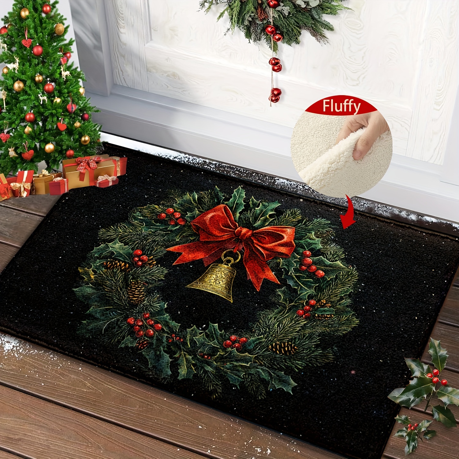 

Christmas Wreath And Pattern Bath Rug, Imitation Fleece Bathroom Mat, Microfiber, Low , , Tpr Backing, 1350g/㎡, 0.7cm , Rectangle Mat For Bedroom, , Entryway - / Use, Decor