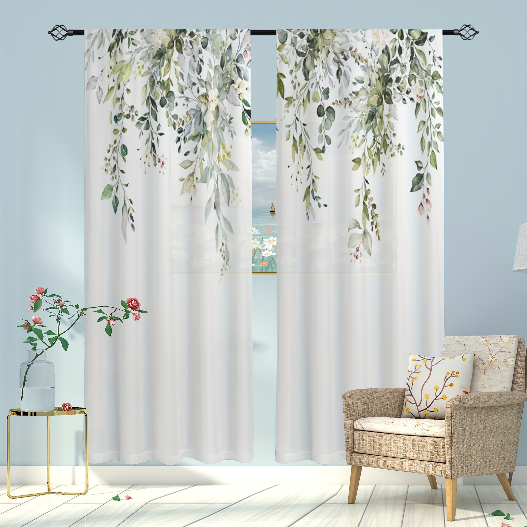 TEMU [Abierto] 2 piezas, Cortinas semitransparentes con estampado de hojas nórdicas, para , sala de juegos, dormitorio, cortinas decorativas de