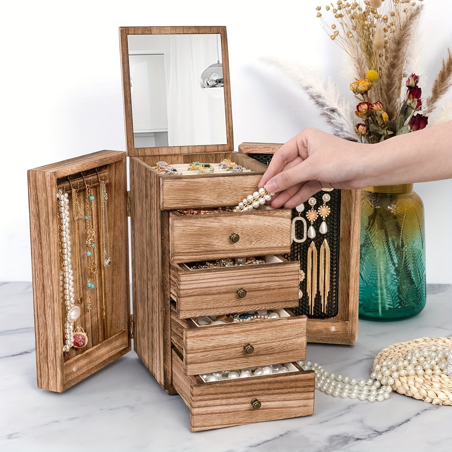 1pc deals Magnetic Clear Flip Jewelry Box, Table Double Drawer Storage, Jewelry Organi