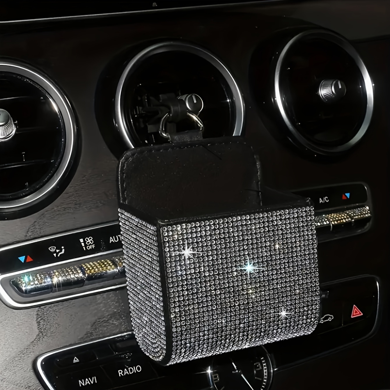 

1pc Bling Car Storage Bag, Leather Organizer, Vehicle Cup Holder Accessory, Universal Fit, Sparkling Auto Interior Decor