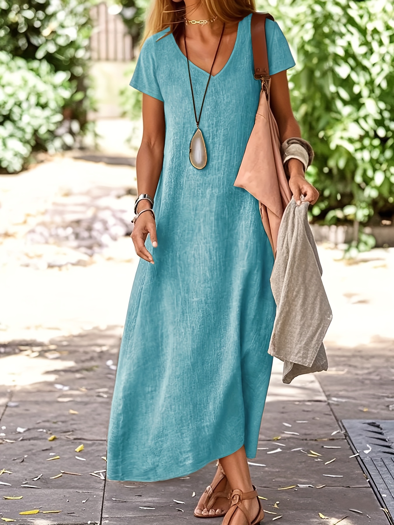 sachin and babi light blue dress R.Vivimos Womens Summer Cotton Short Sleeve V Neck Floral Print Casual  Bohemian Long Dresses main image 1