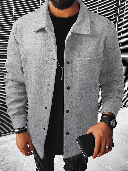 mens casual button up jacket with front pocket and turn down collar solid size