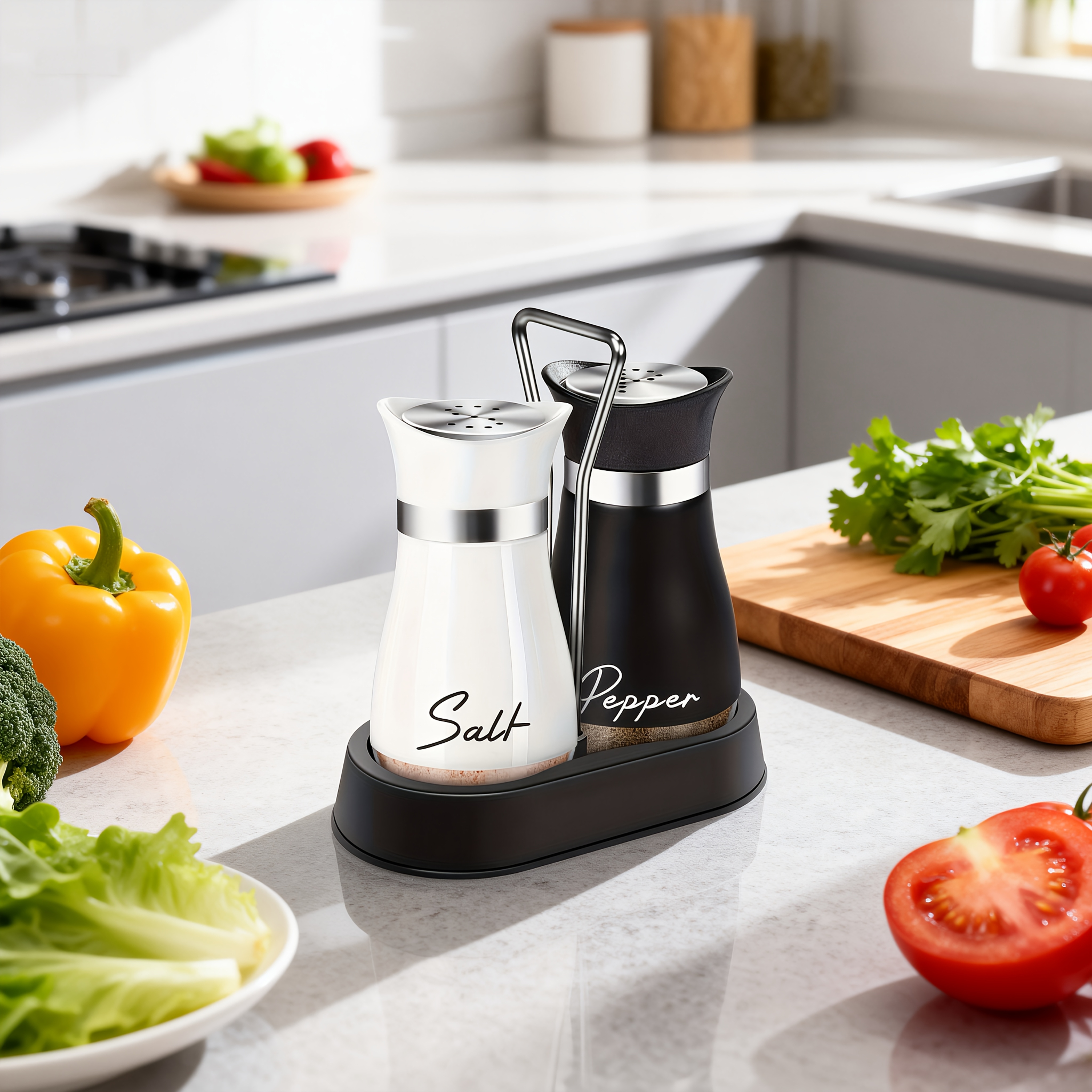 E-shop Salz- Pfeffermühlen-Set. Salz- Pfeffermühle mit Glasboden stabilem Ständer, geeignet für kleines Küchenzubehör, Kochtische, Wohnmobile, Camping,