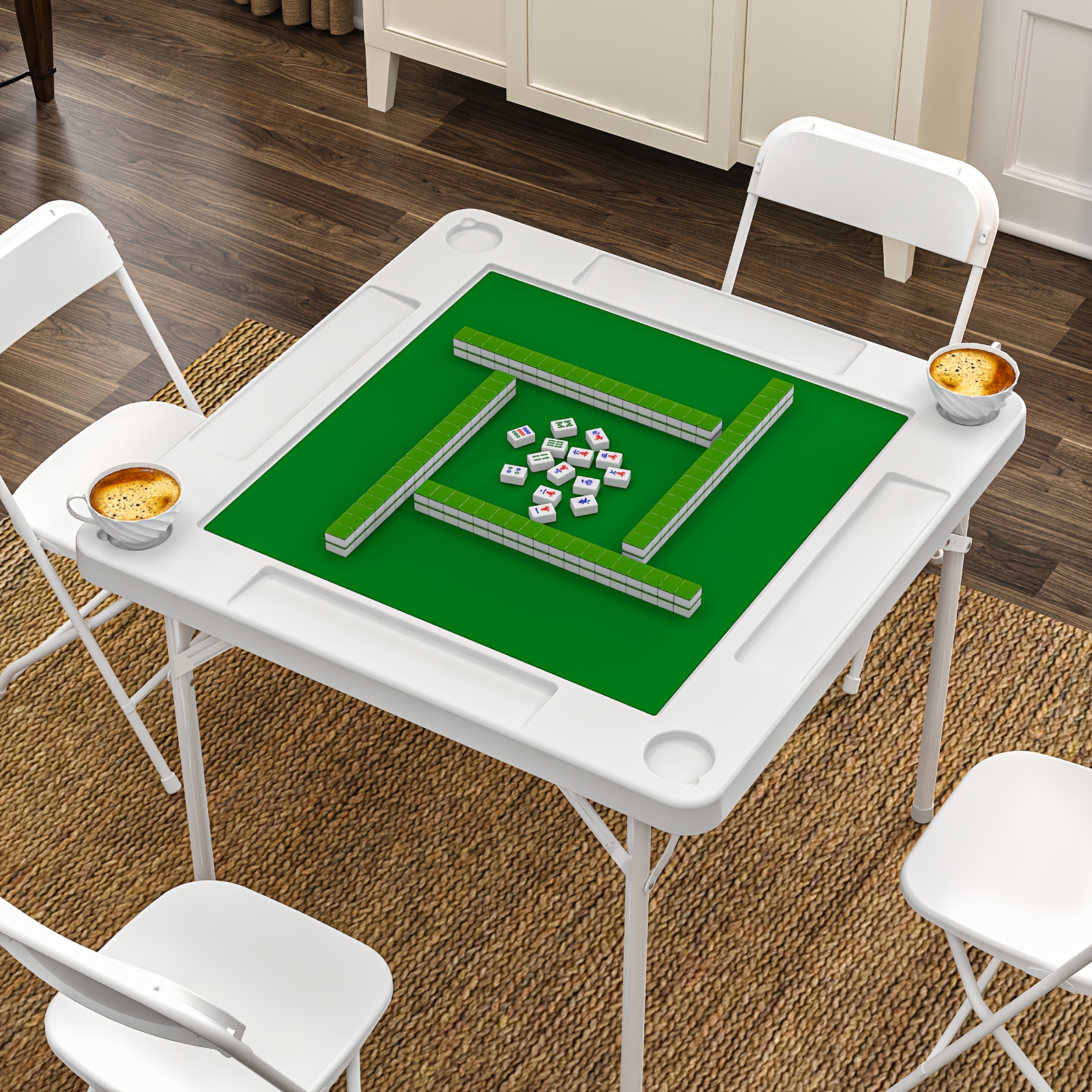 EVOKEDEN Foldable Felt Mahjong Table with Green Felt Top - White Plastic Card Table for Mahjong, Poker & Board Games, Portable Compact Design, No Assembly Required, Portable Game Table, Elegant Furniture, Durable Plastic