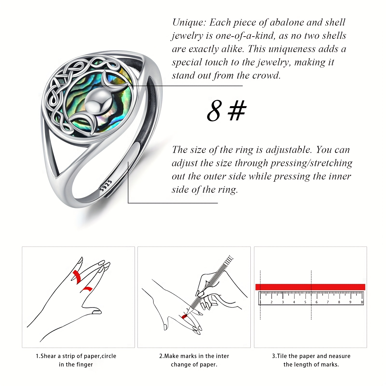 Celtic Triple Moon Ring Abalone Shell Adjustable Amulet Ring