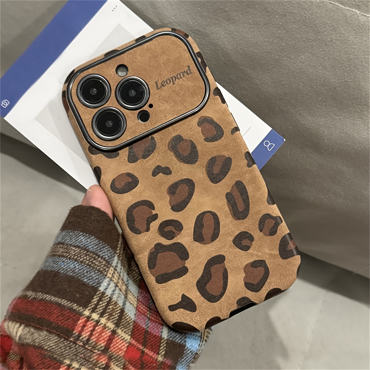 

Luxury Stylish Leopard Print Pattern Large Window Phone Case For 15 14 13 Pro Max Cute Shockproof Bumper Protective Cover