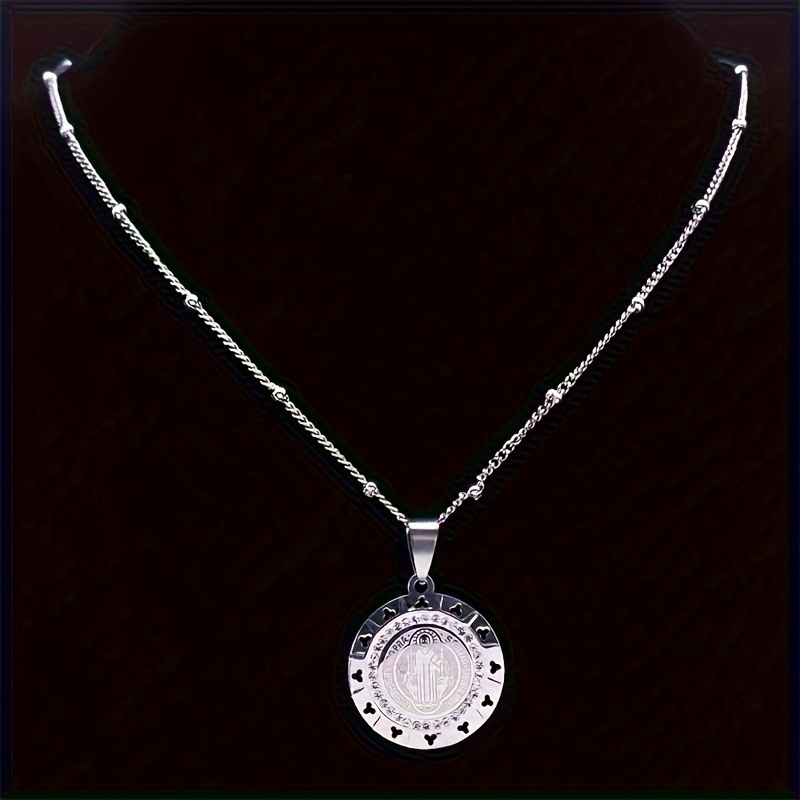 Catholic St. Benedict Medal Necklace, Silvery Chain Jewelry