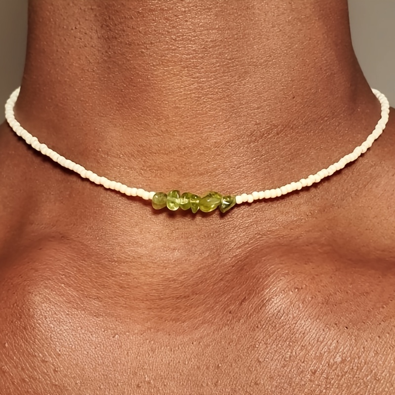 Image of 1pc Women's Elegant Bohemian Necklace - Greenish-beige Beaded Chain, Everyday To Evening Jewelry Gift For Valentine's Day, Birthdays, Beach Parties - Layering Necklace For Women
