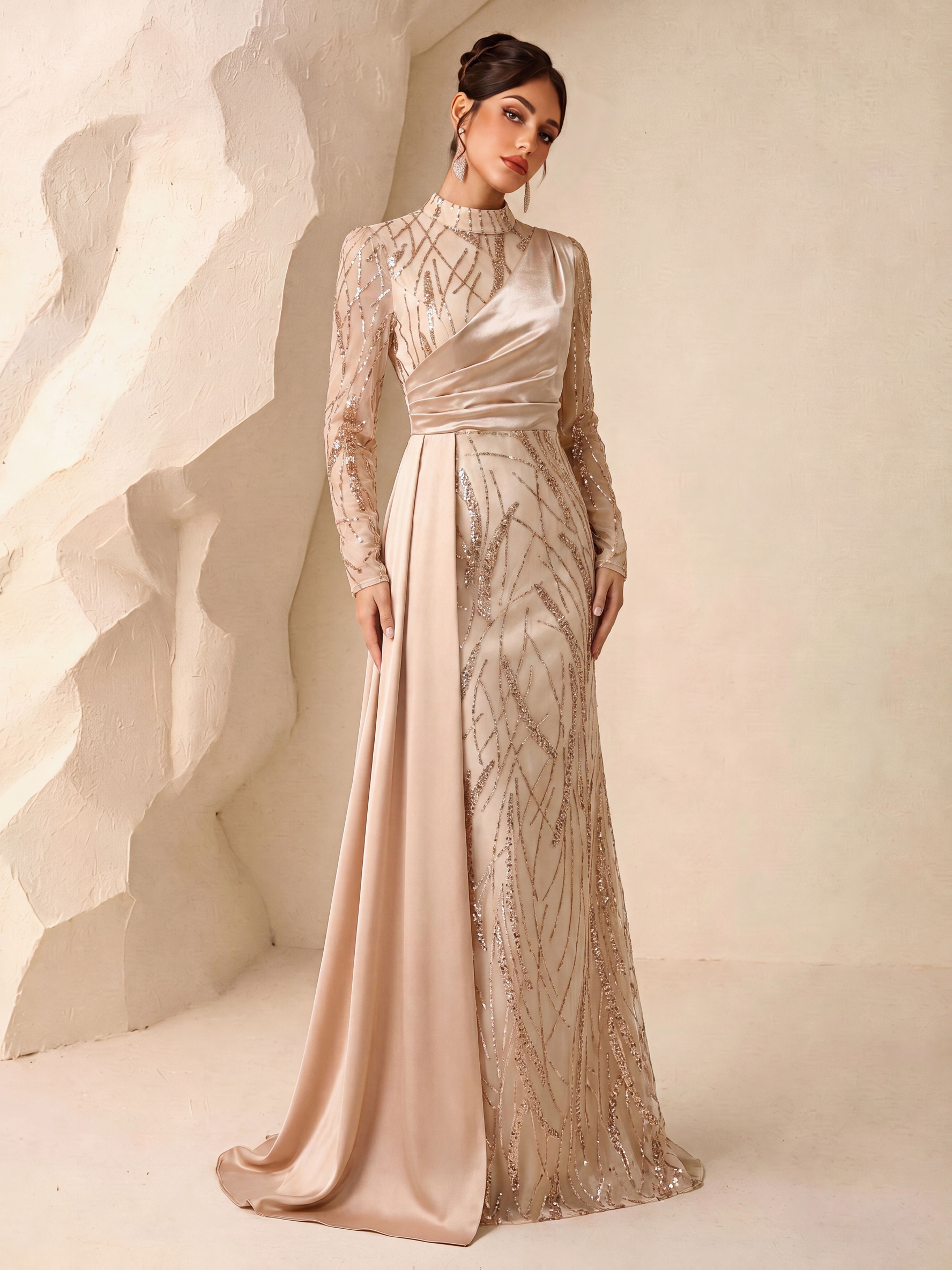   luxury pinstripe branch sequined textured long dress small high neck twisted waist sash jacquard   evening gown   suitable for wedding guests annual meeting banquet engagement ceremony birthday party award ceremony