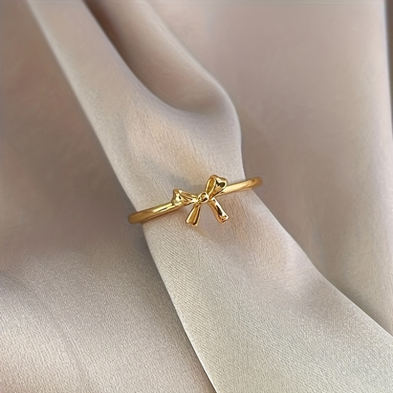 TEMU A Steel Women's Fashionable Adjustable Golden-tone Ballet Bow Ring - Versatile And Elegant, Suitable For Daily Wear Or Gifting