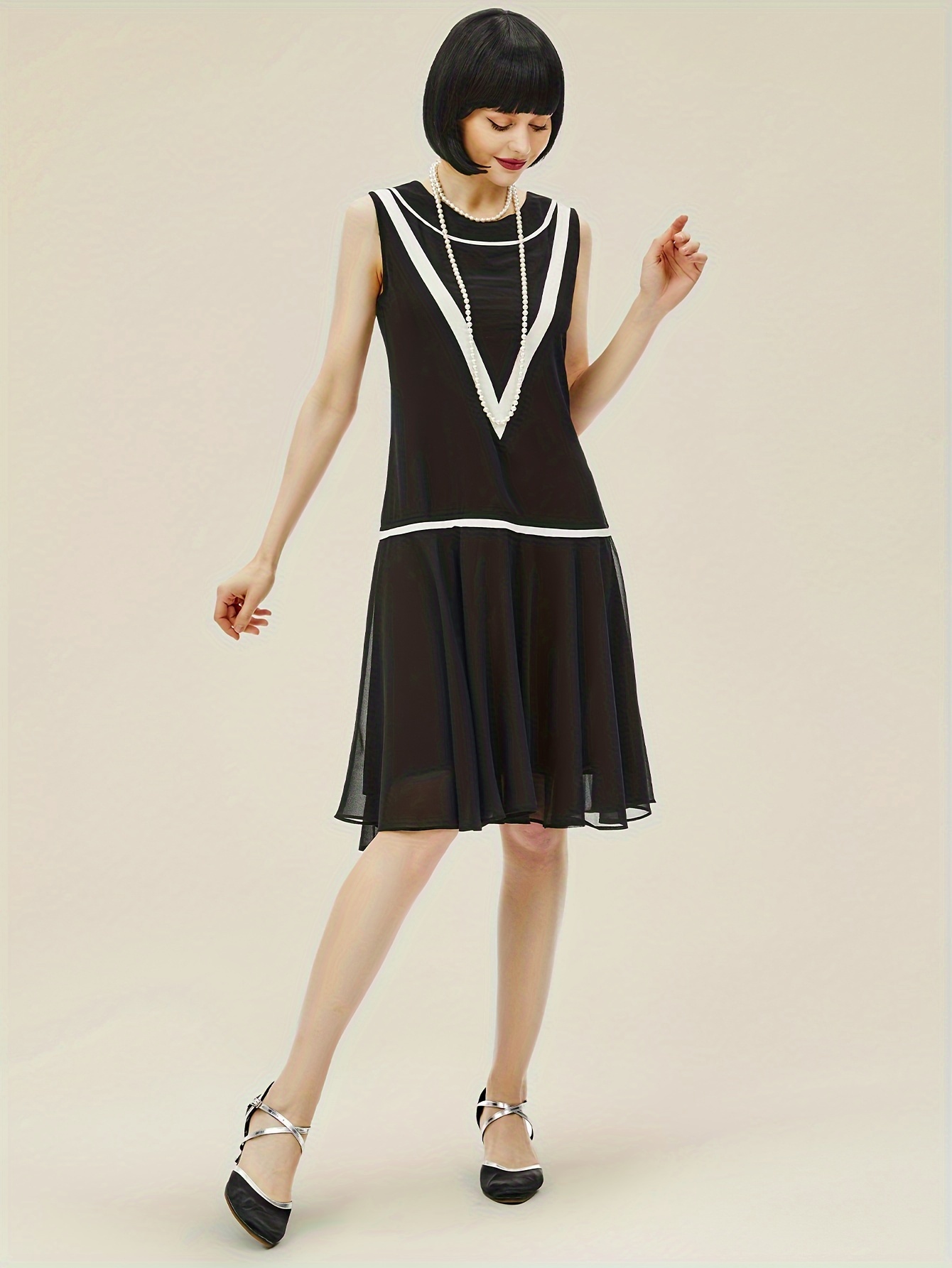 Vintage Flapper Dress for Women 1920s Inspired Low-Waist Sleeveless  Chiffon Party Dress with Zipper Detail, Crew Neck Solid Color