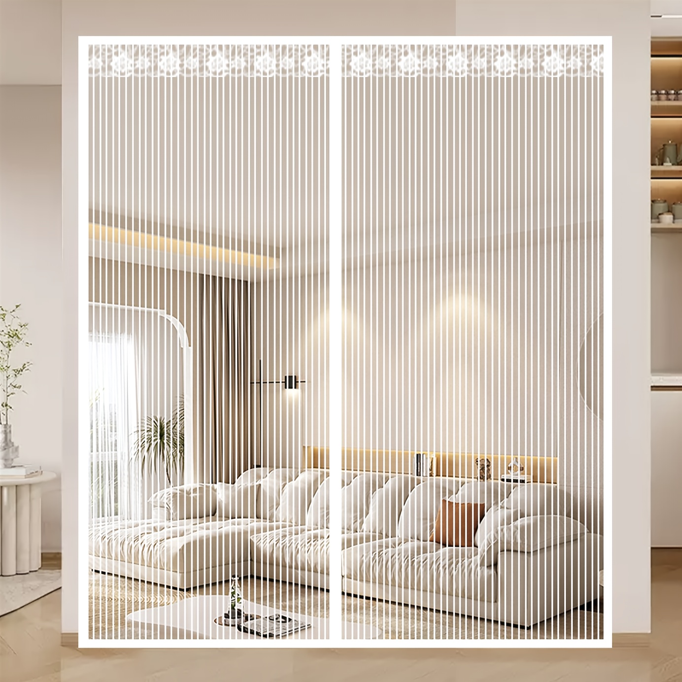 extra large magnetic door curtain no drill automatic closure striped white mesh fabric for insect protection breathable summer door cover for bedroom kitchen patio   decor