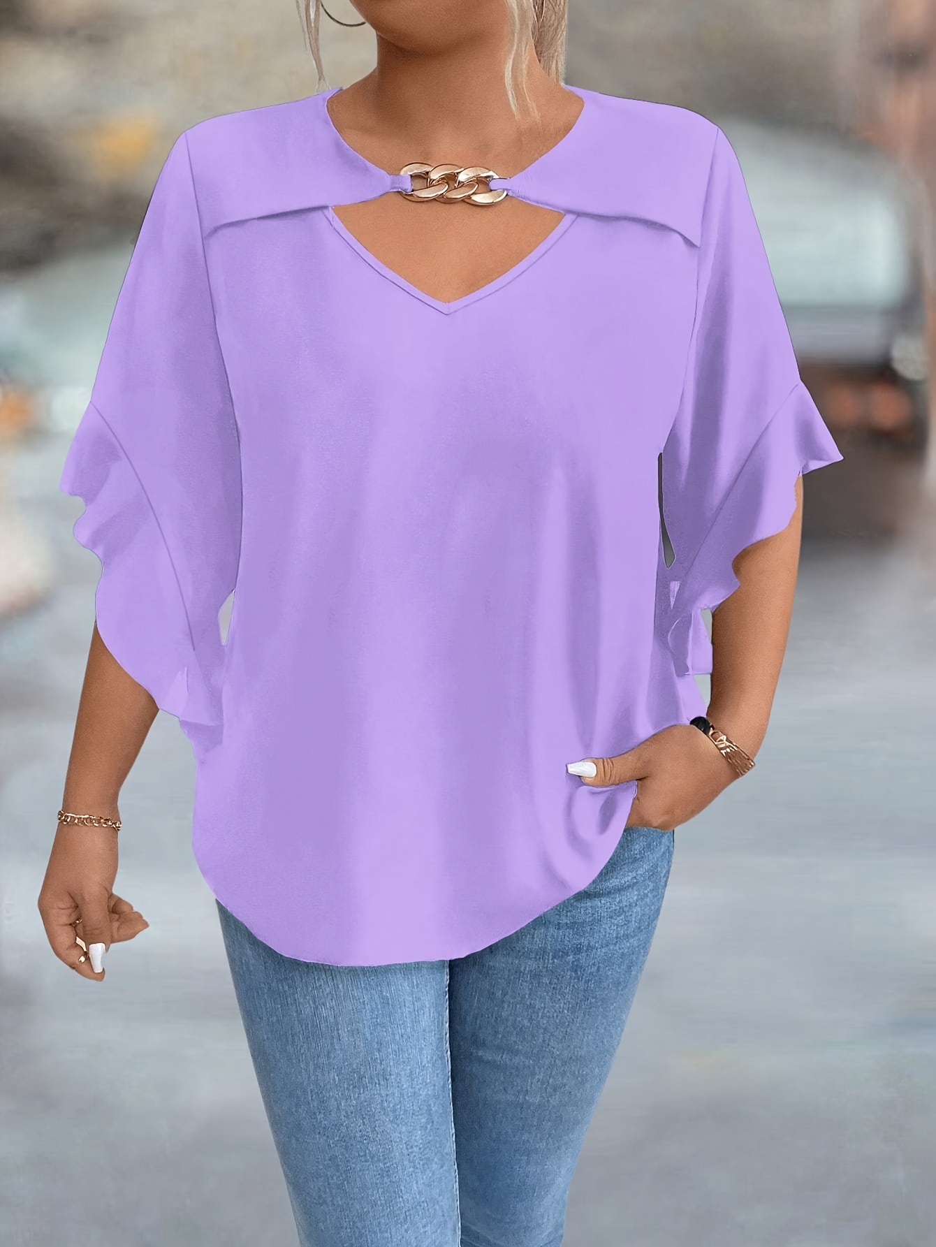 Women'S Plus Size V-Neck Blouse - Soft Pink, Ruffled Sleeves, Casual Summer Top with Golden Chain Detail, Casual Wear|Ruffled Sleeve Top|Vneckline Top