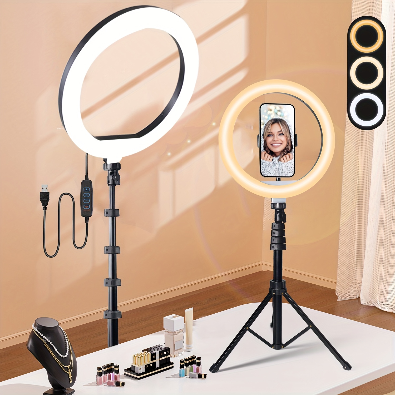 TEMU Lampe annulaire LED de 12 pouces avec trépied réglable de 63 pouces et support de téléphone, idéale pour , le vlogging, TikTok, et le streaming