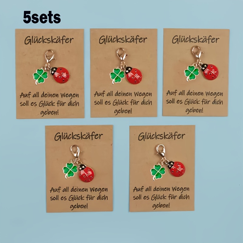 5pcs German Gluck Card Set: Green Clover, Red Ladybug, Clasp Set, Cute Clover And Red Ladybug Small Charms, Pocket Gift Set, Small Gift Set For