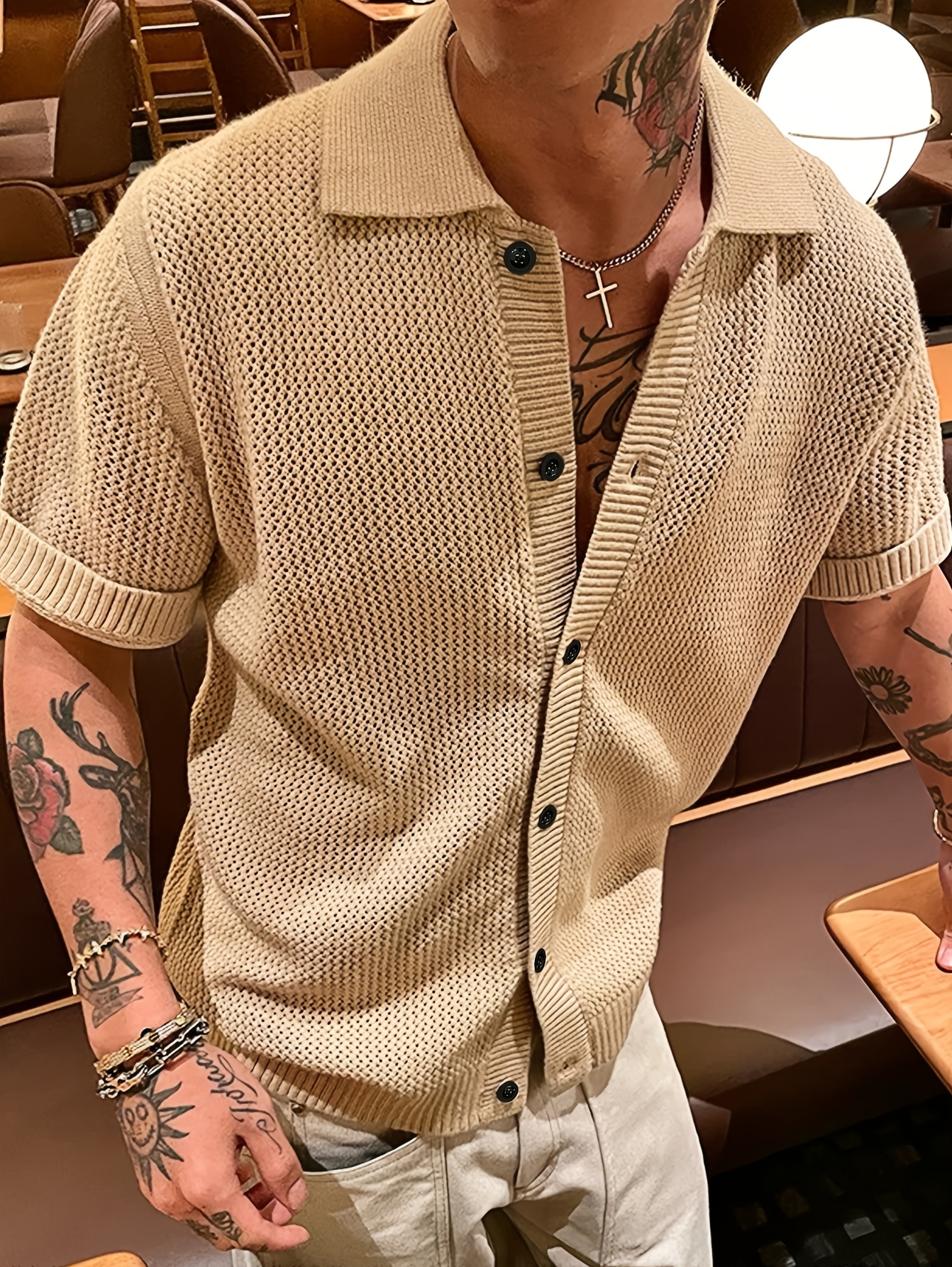 mens cardigan old money style hollow out short sleeve shirt mens summer   cardigan hollow out short sleeve t shirt