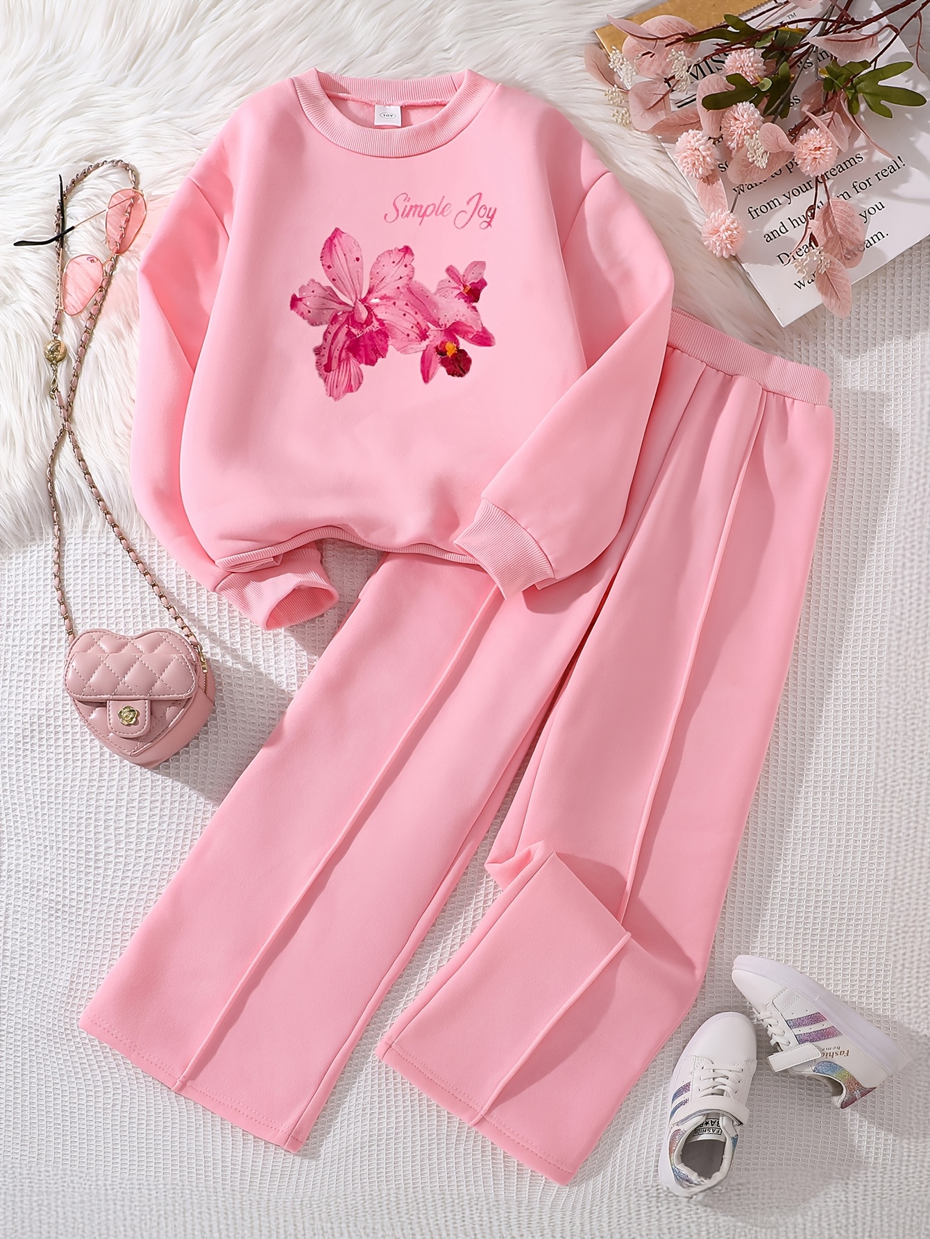 2pcs Set Cute Solid Color Plush Heart Sweatshirt and Pants