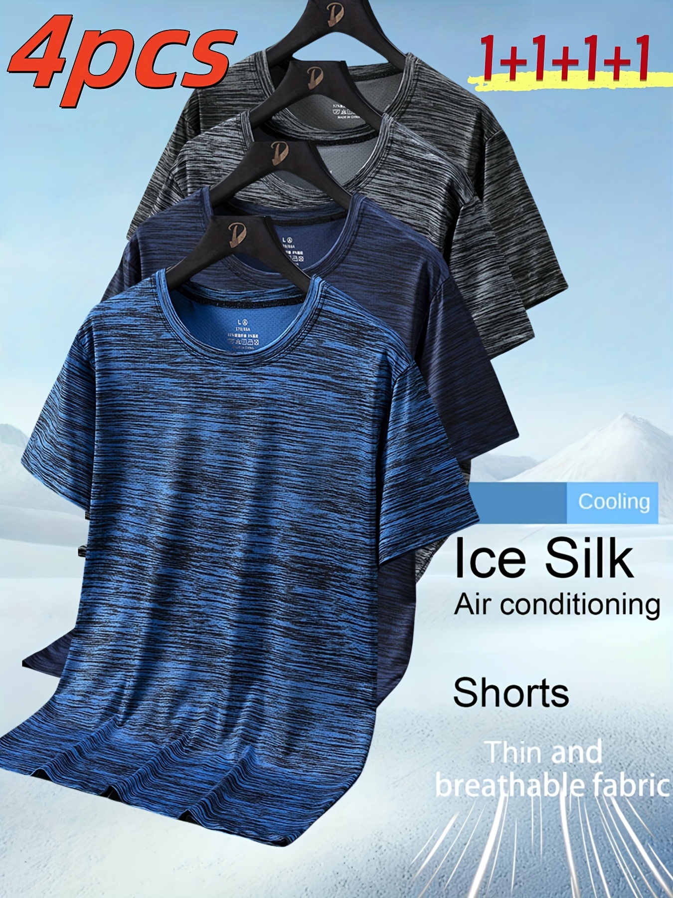 4pcs mens ice silky breathable athletic t shirts soft comfortable stretchy fabric round neck short sleeve cooling air conditioning shorts for running   yoga outdoor activities regular fit summer sports wear workout clothes sleek sporty design moisturewicking fabric