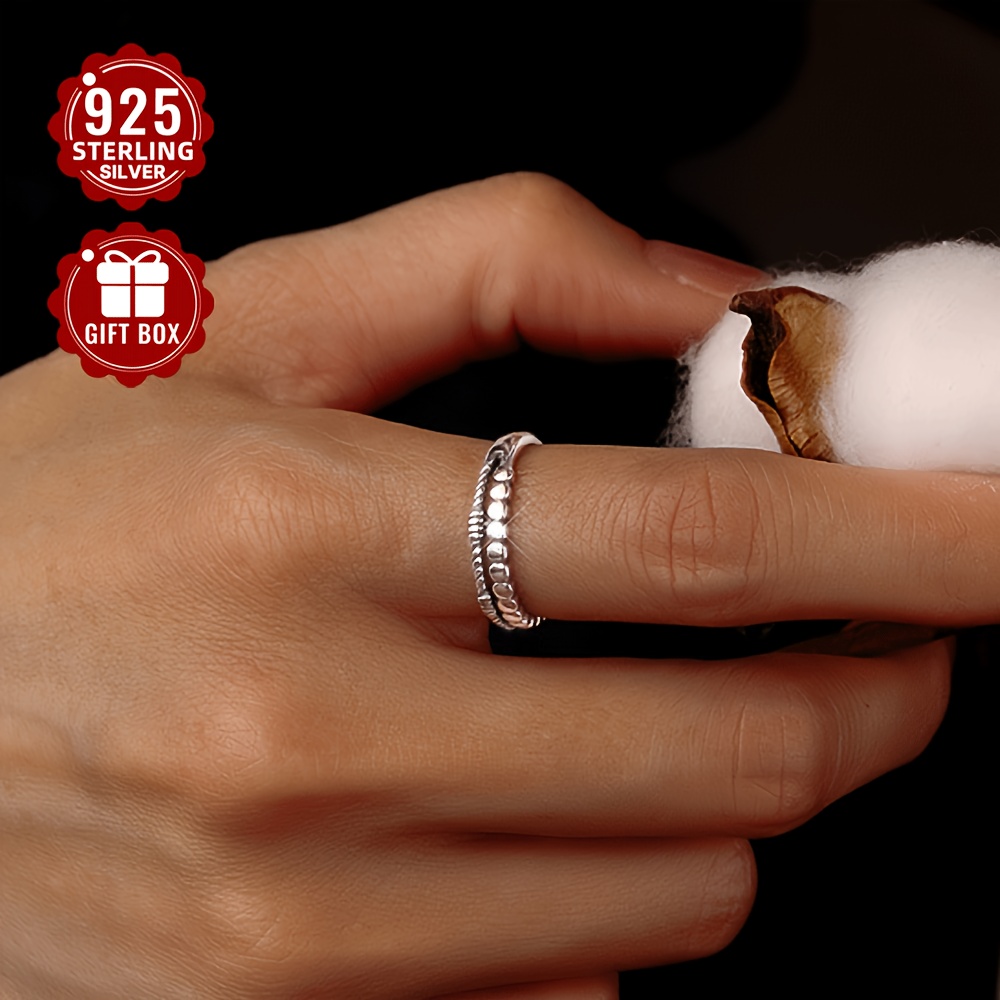 S925 Pure Silvery Retro Geometric Chain Ring, Unique Gift