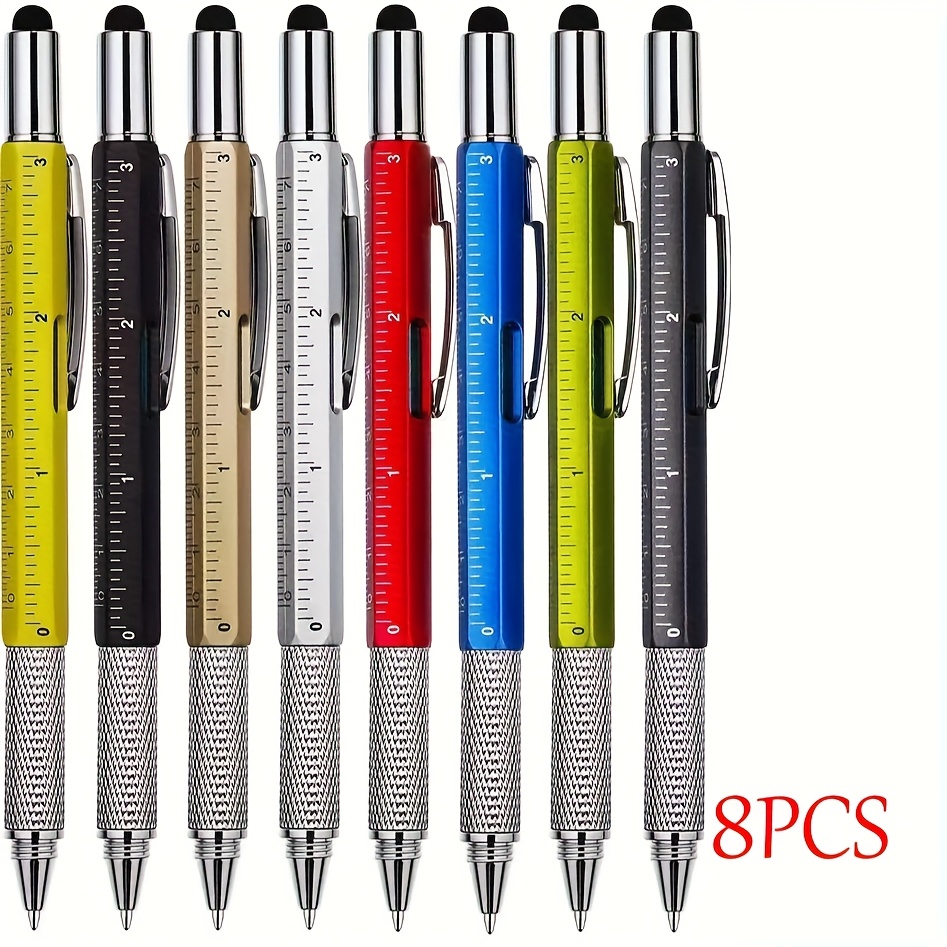TEMU Lot de 8 stylos 6-en-1 pour hommes, et grands-pères, avec mètre ruban, niveau à bulle, stylet et stylo à bille, écriture fluide, cadeau pour des