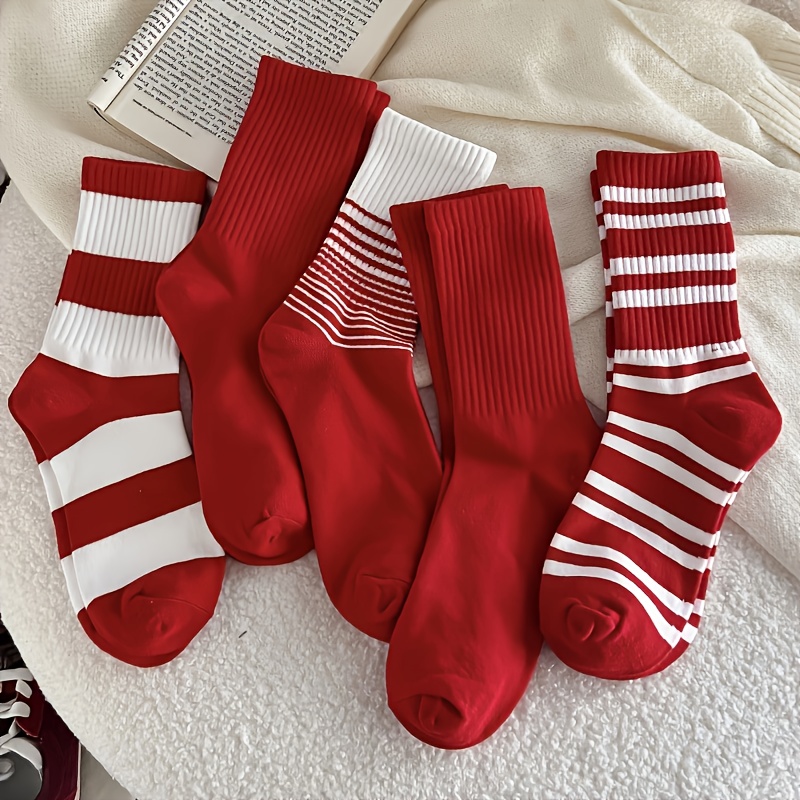 

5pcs Red Mid-calf Socks, Elegant Striped And Solid , High Polyester , Machine Washable - Ideal For New Year Celebrations, | Midcalf Length | Polyester Socks